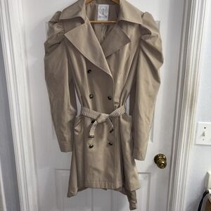 Jennifer Lopez Tan Button Puff Shoulder Collared Belted Trench Coat XL
